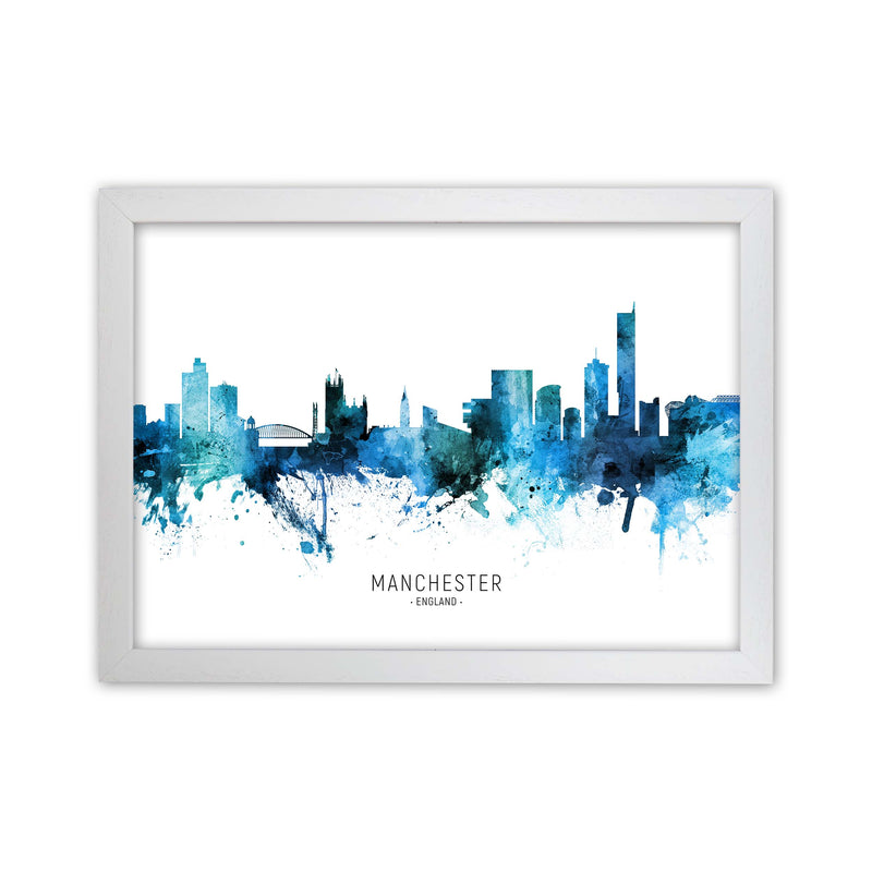 Manchester England Skyline Blue City Name  by Michael Tompsett White Grain