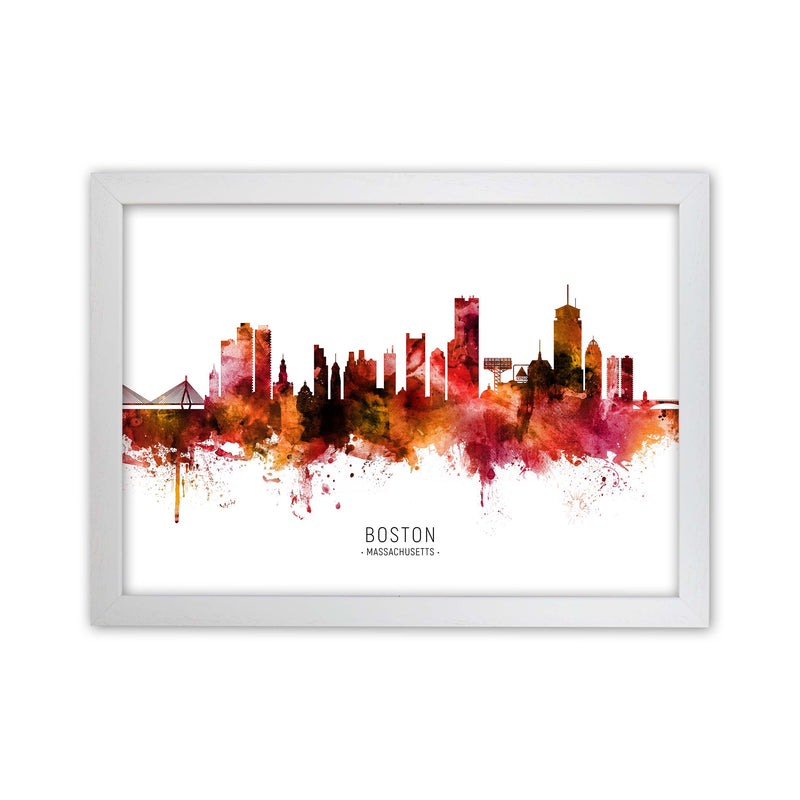 Boston Massachusetts Skyline Red City Name  by Michael Tompsett White Grain