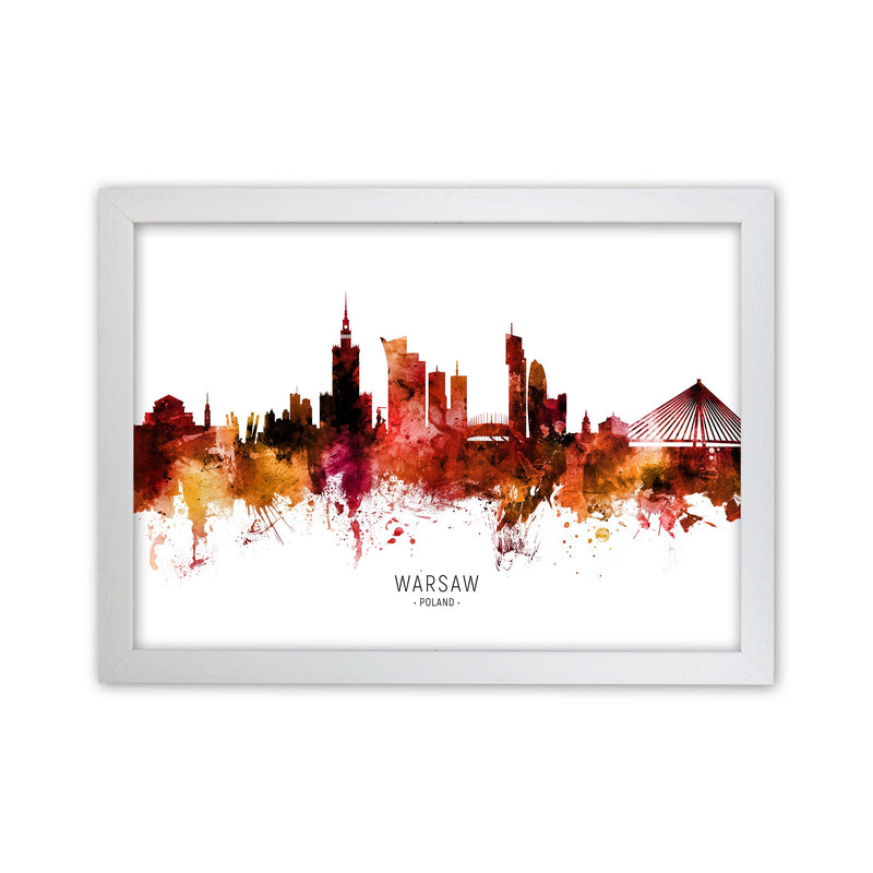 Warsaw Poland Skyline Red City Name Print by Michael Tompsett White Grain