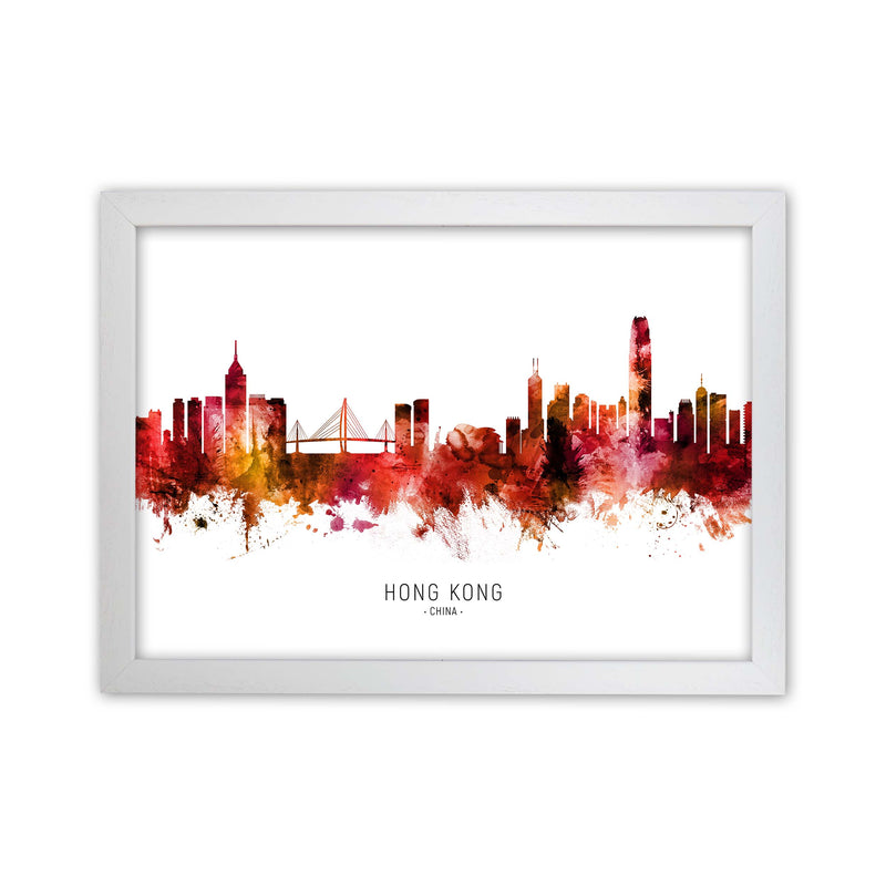 Hong Kong China Skyline Red City Name  by Michael Tompsett White Grain