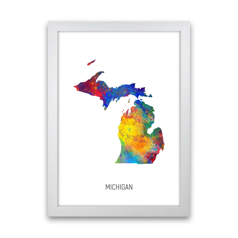 Michigan Watercolour Map Art Print by Michael Tompsett White Grain