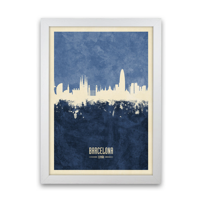 Barcelona Spain Skyline Portrait Navy Art Print by Michael Tompsett White Grain