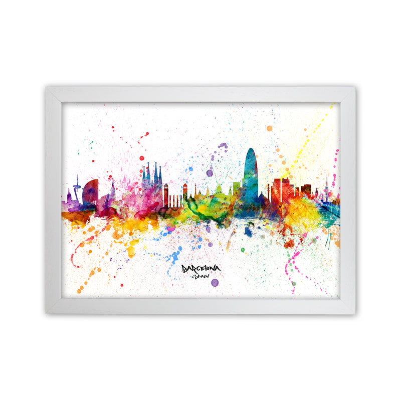 Barcelona Spain Skyline Splash Art Print by Michael Tompsett White Grain