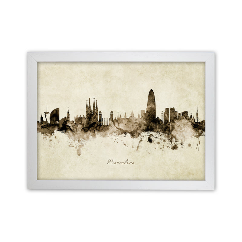 Barcelona Spain Skyline Vintage Art Print by Michael Tompsett White Grain