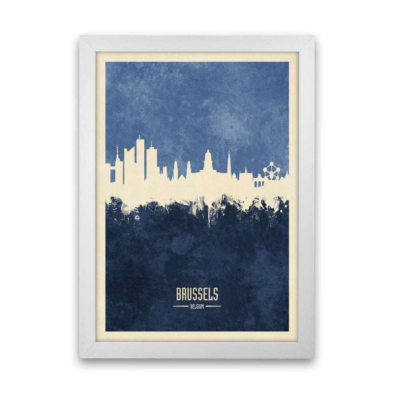 Brussels Belgium Skyline Portrait Navy Art Print by Michael Tompsett White Grain