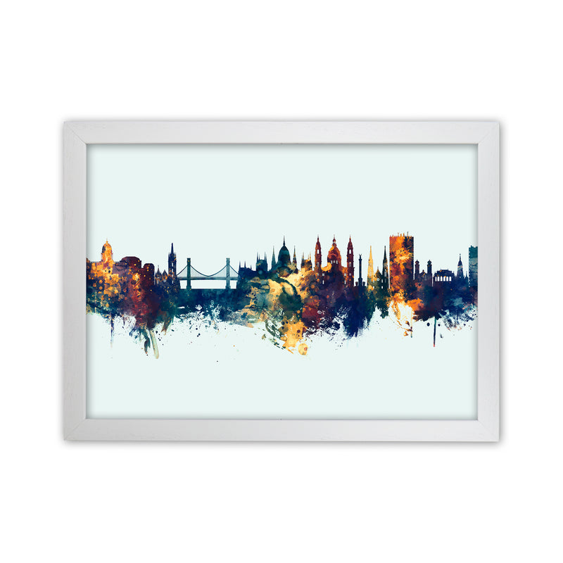 Budapest Hungary Skyline Blue Orange Art Print by Michael Tompsett White Grain