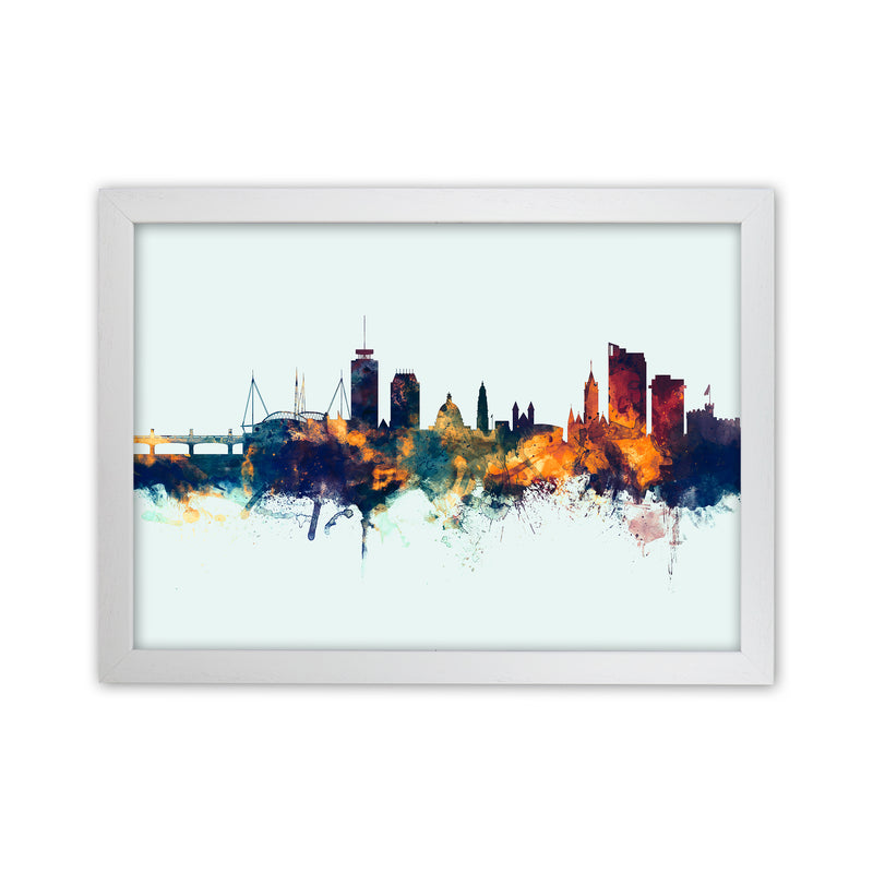 Cardiff Wales Skyline Blue Orange Art Print by Michael Tompsett White Grain