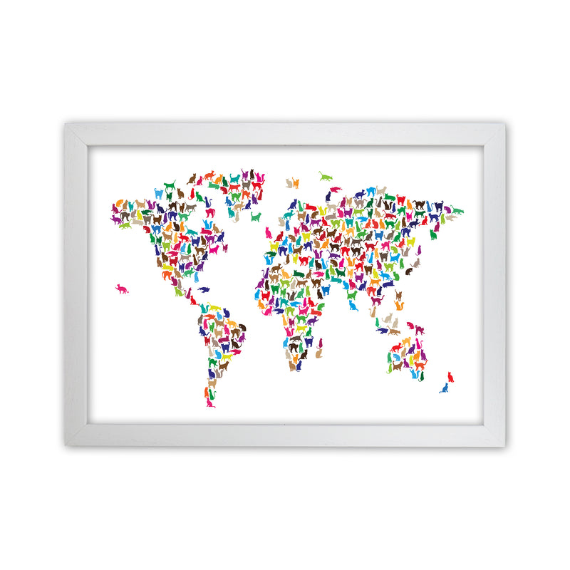 Cats Map of the World Colour Art Print by Michael Tompsett White Grain