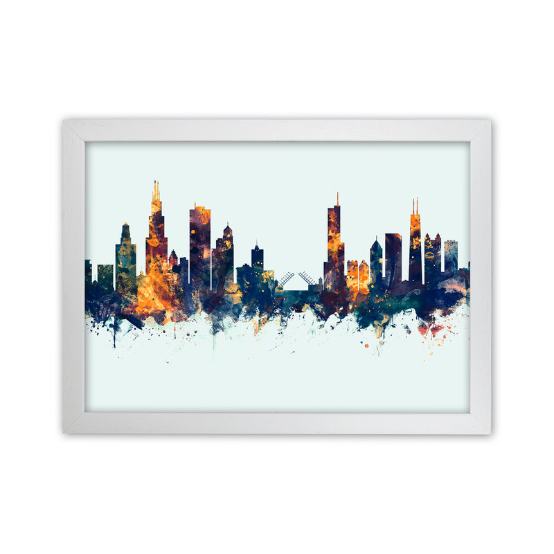 Chicago Illinois Skyline Blue Orange Art Print by Michael Tompsett White Grain