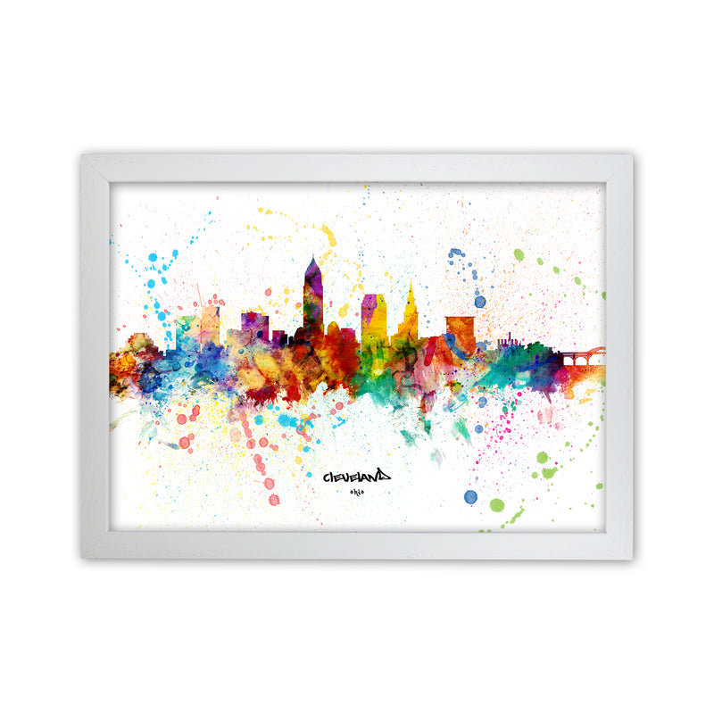 Cleveland Ohio Skyline Splash Art Print by Michael Tompsett White Grain