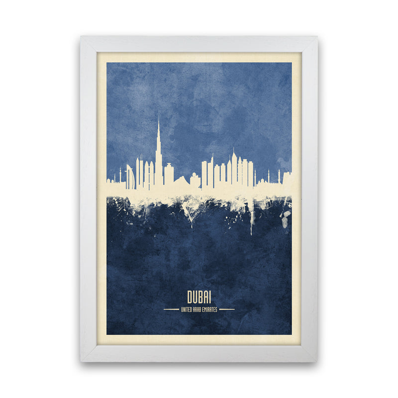 Dubai Uae Skyline Portrait Navy Art Print by Michael Tompsett White Grain