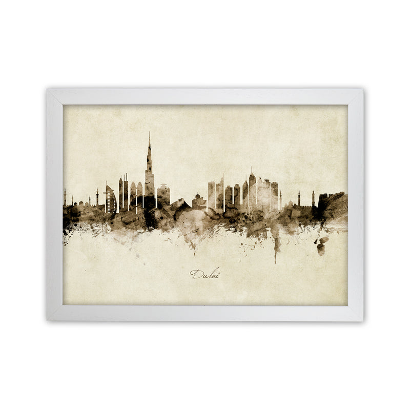 Dubai United Arab Emirates Skyline Vintage Art Print by Michael Tompsett White Grain