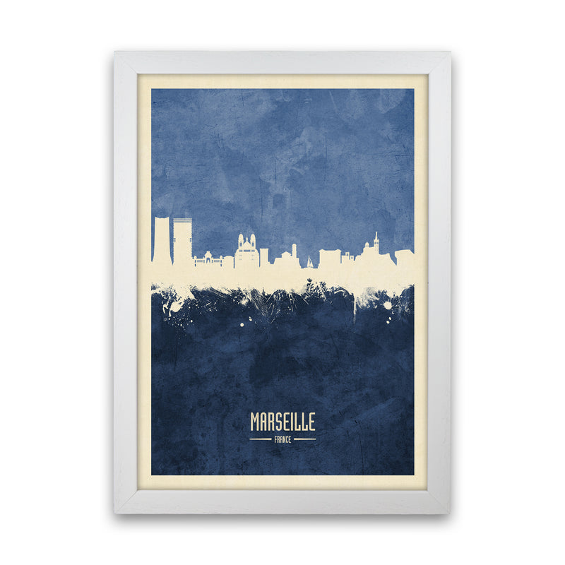 Marseille France Skyline Portrait Navy Art Print by Michael Tompsett White Grain