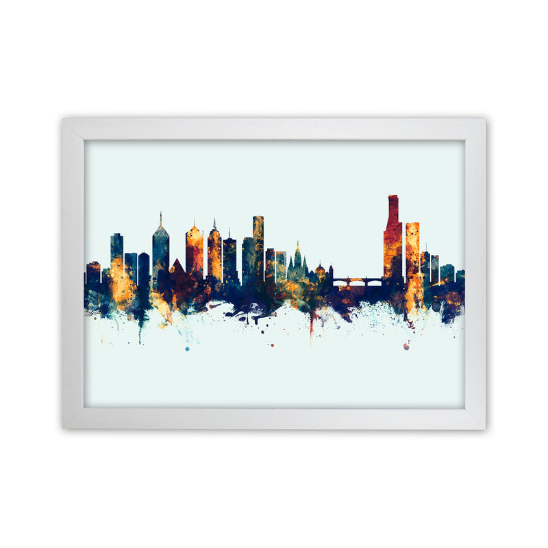 Melbourne Australia Skyline Blue Orange Art Print by Michael Tompsett White Grain