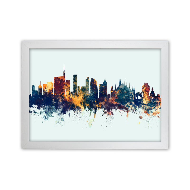 Milan Italy Skyline Blue Orange Art Print by Michael Tompsett White Grain