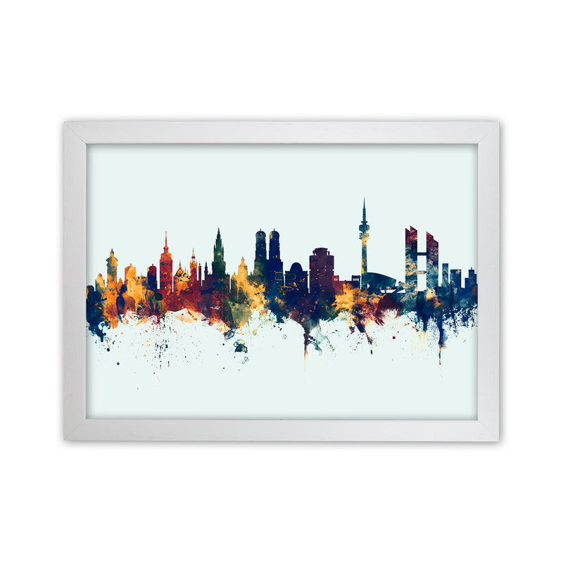 Munich Germany Skyline Blue Orange Art Print by Michael Tompsett White Grain