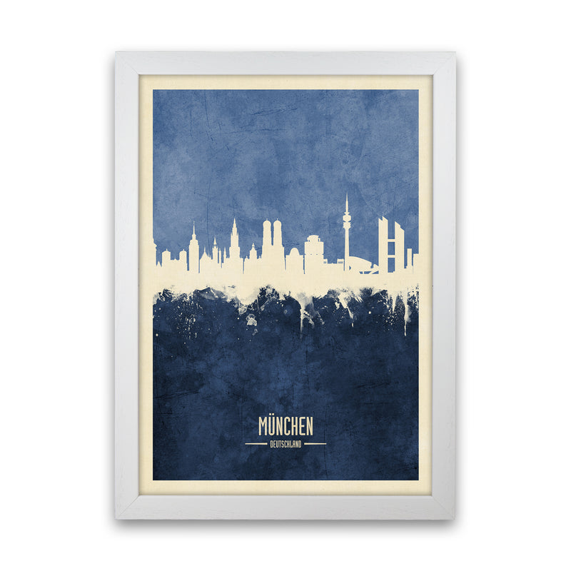 Munich Germany Skyline Portrait Navy Art Print by Michael Tompsett White Grain