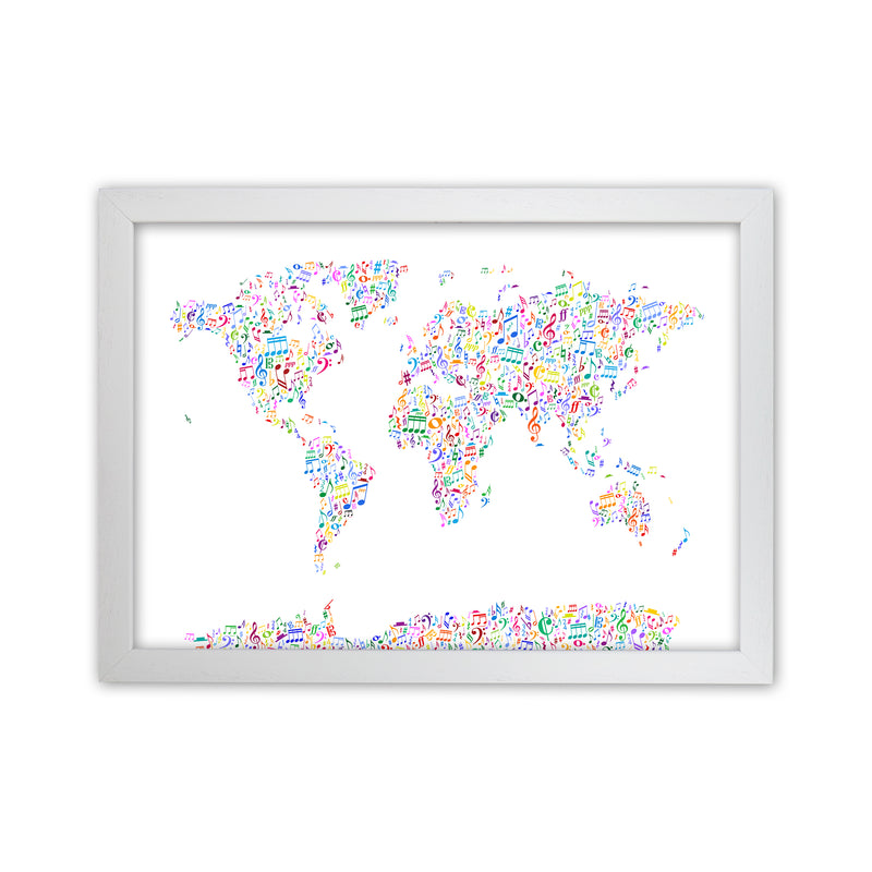 Music Notes Map of the World Colour Art Print by Michael Tompsett White Grain