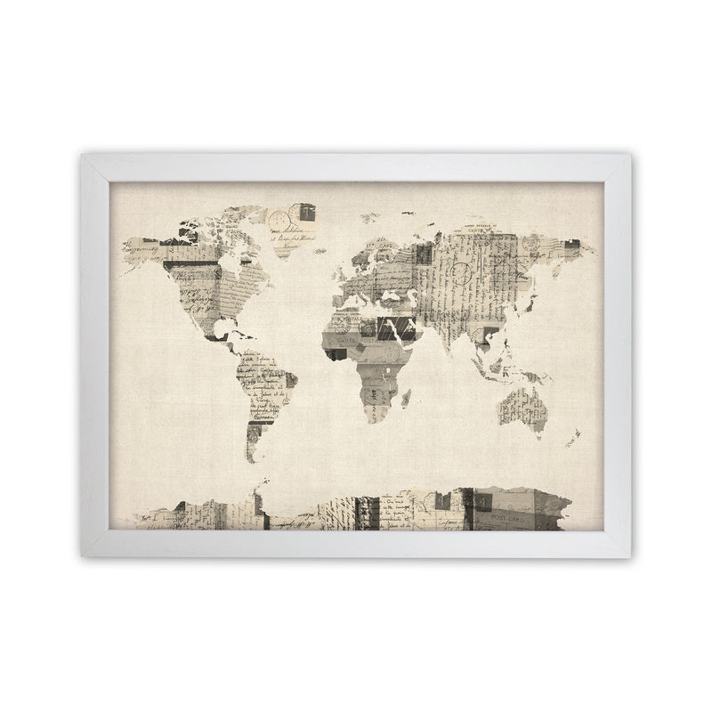 Old Postcards World Map Art Print by Michael Tompsett White Grain