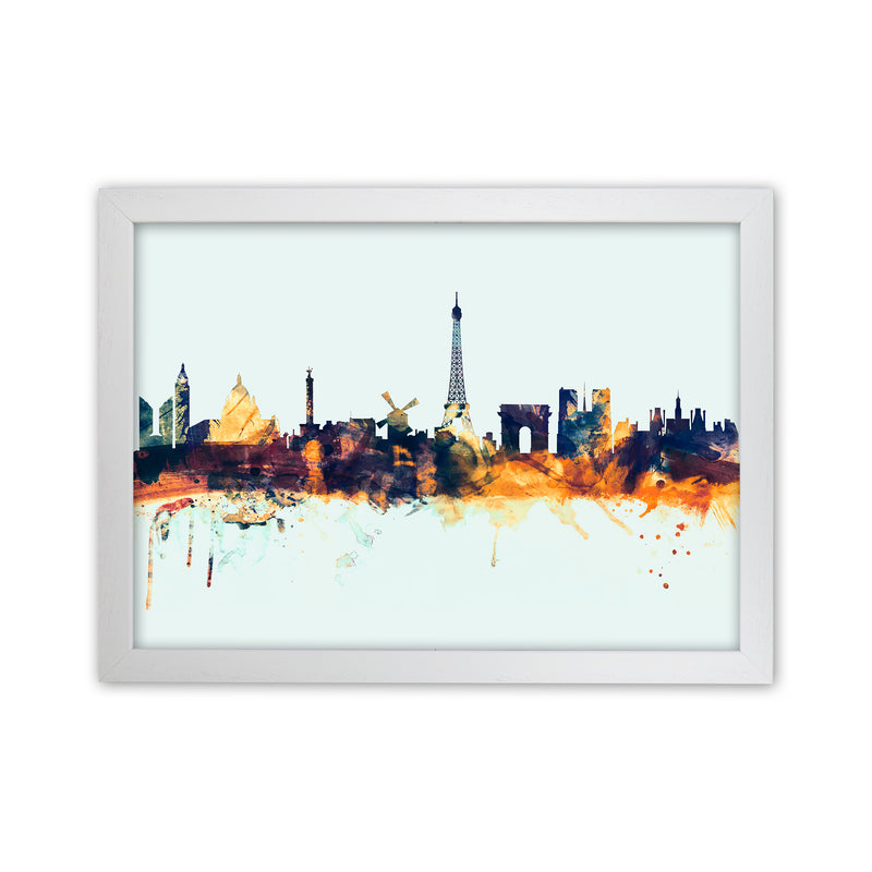 Paris France Skyline Blue Orange Art Print by Michael Tompsett White Grain