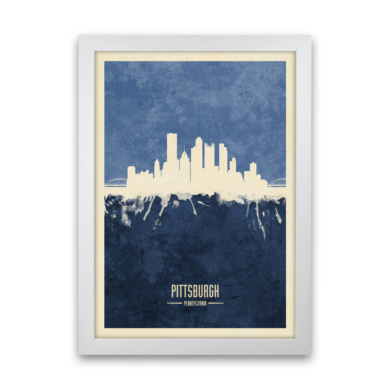 Pittsburgh Pennsylvania Skyline Portrait Navy Art Print by Michael Tompsett White Grain