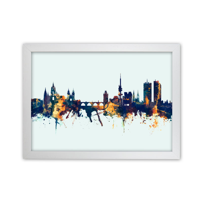 Prague Czech Republic Skyline Blue Orange Art Print by Michael Tompsett White Grain