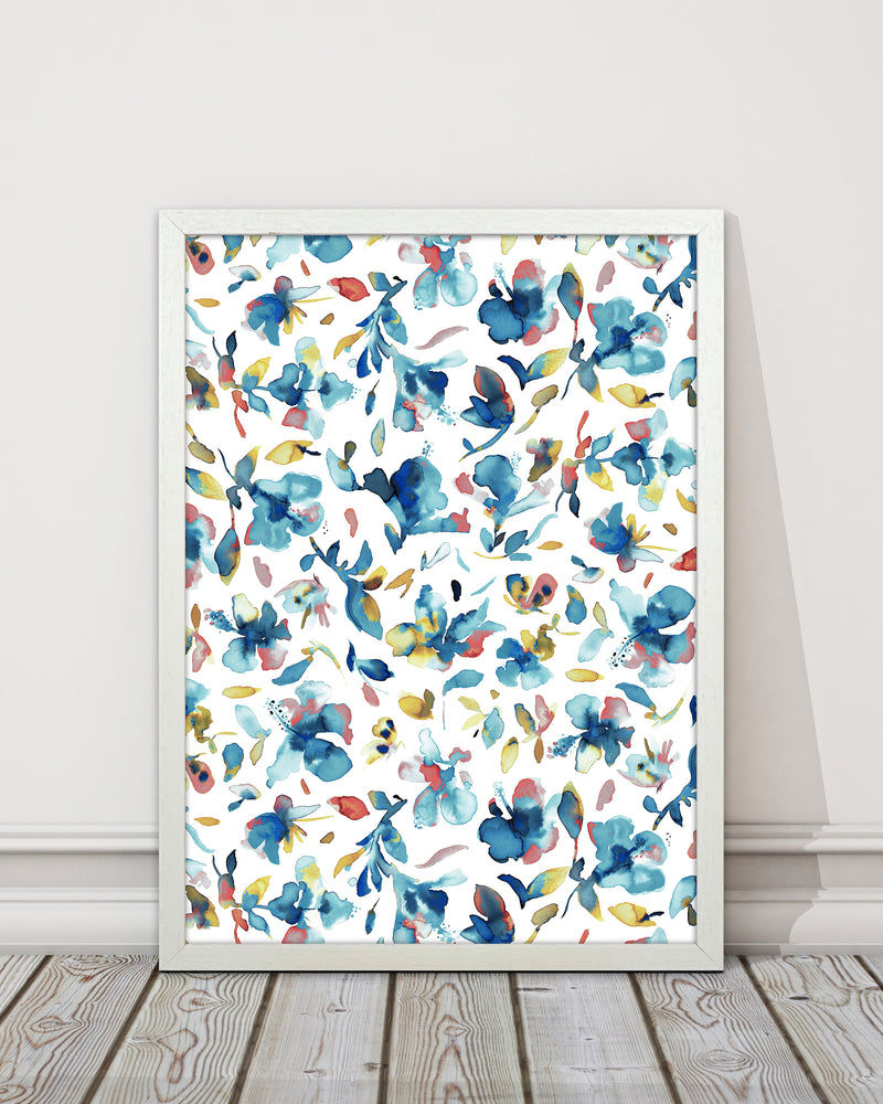 Watery Hibiscus Blue Gold Abstract Art Print by Ninola Design