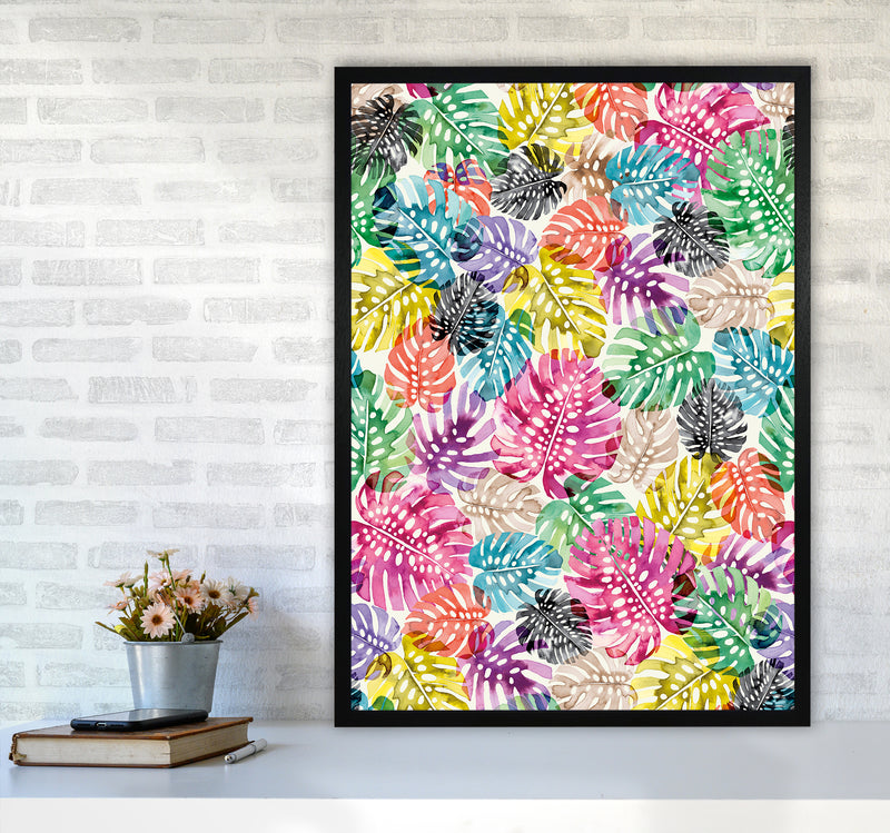 Tropical Monstera Leaves Multicolored Abstract Art Print by Ninola Design A1 White Frame