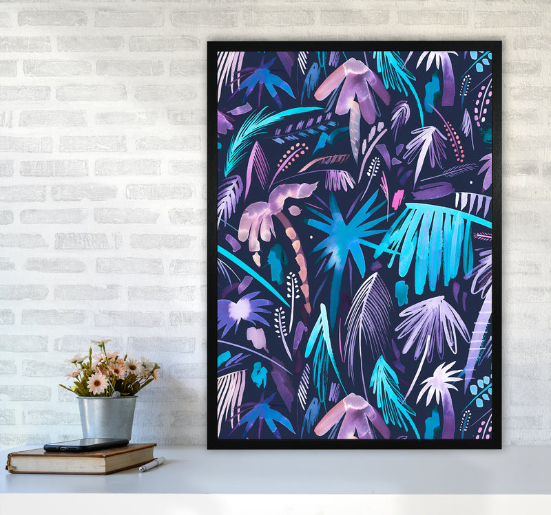 Brushstrokes Tropical Palms Navy Abstract Art Print by Ninola Design A1 White Frame