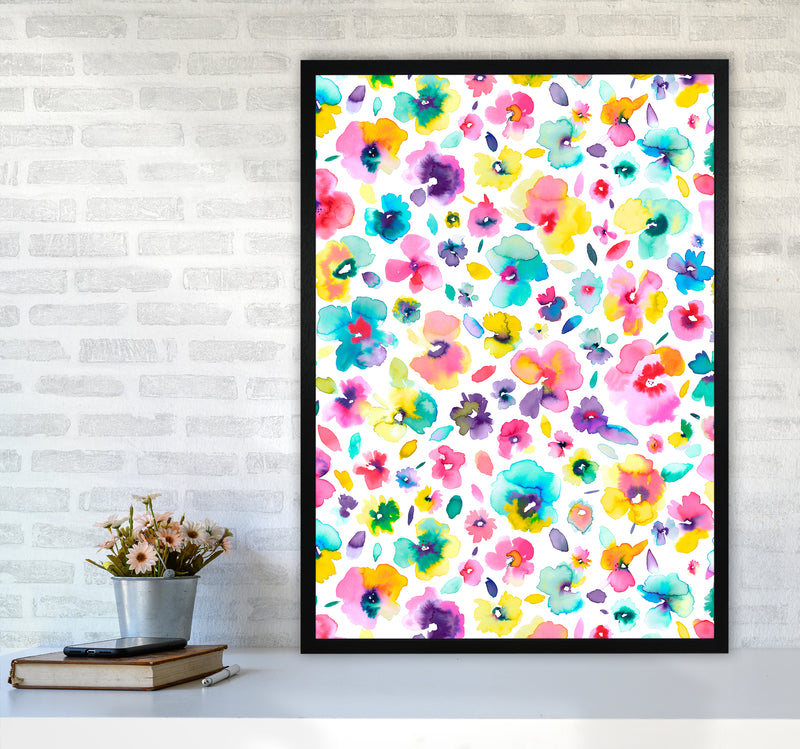 Tropical Flowers Multicolored Abstract Art Print by Ninola Design A1 White Frame