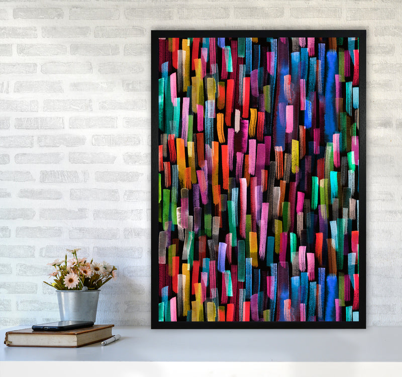 Colorful Brushstrokes Black Abstract Art Print by Ninola Design A1 White Frame