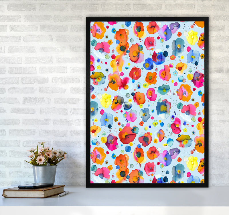 Bohemian Naive Flowers Blue Abstract Art Print by Ninola Design A1 White Frame