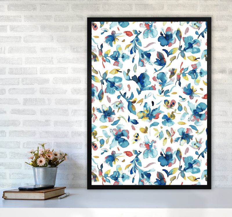Watery Hibiscus Blue Gold Abstract Art Print by Ninola Design A1 White Frame