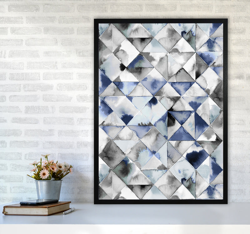 Moody Triangles Cold Blue Abstract Art Print by Ninola Design A1 White Frame