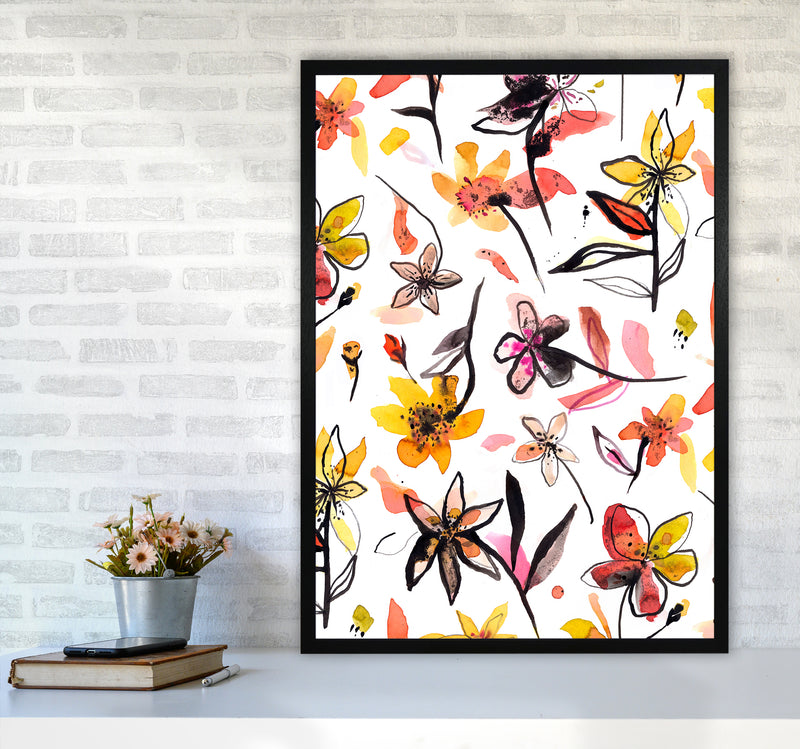 Ink Flowers Yellow Abstract Art Print by Ninola Design A1 White Frame