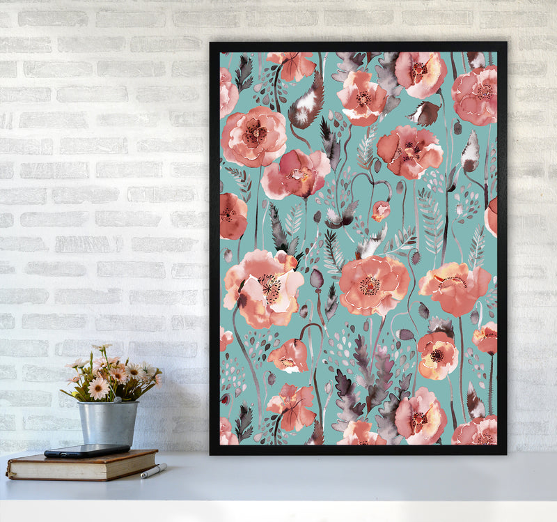 Poppies Red Green Abstract Art Print by Ninola Design A1 White Frame