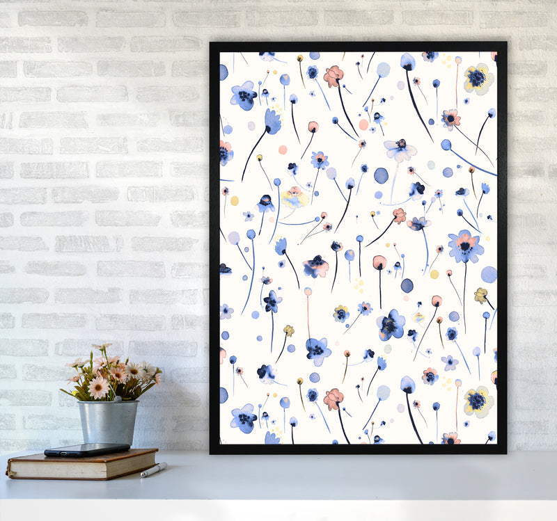 Blue Soft Flowers Abstract Art Print by Ninola Design A1 White Frame