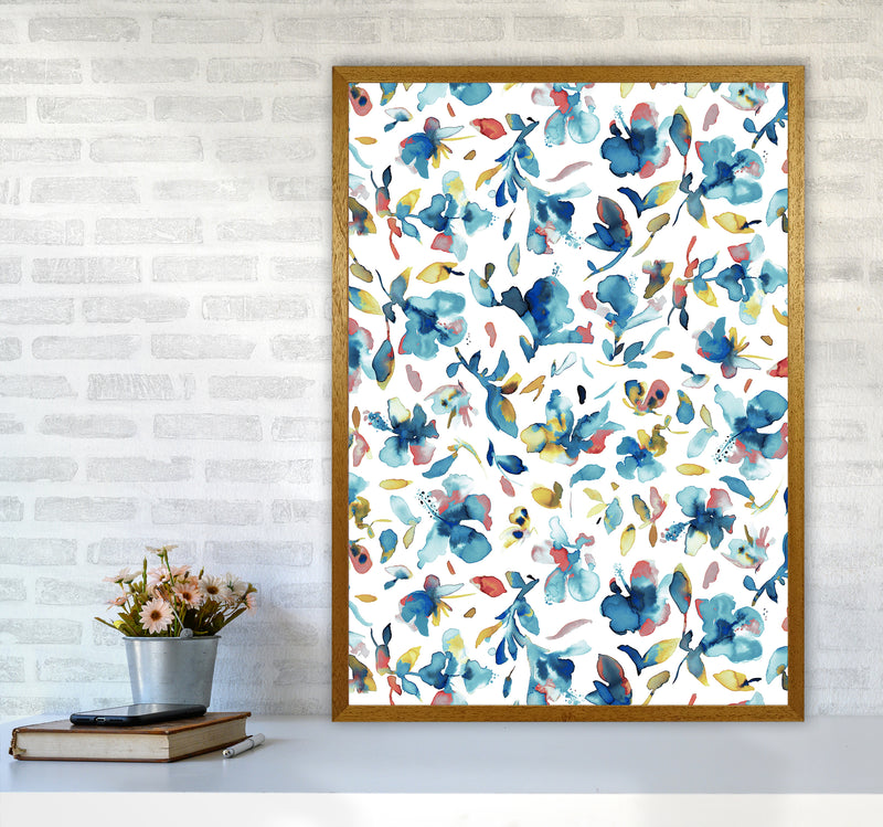 Watery Hibiscus Blue Gold Abstract Art Print by Ninola Design A1 Print Only