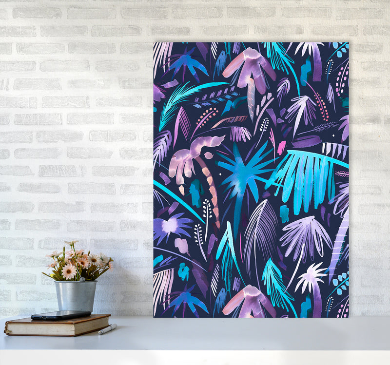 Brushstrokes Tropical Palms Navy Abstract Art Print by Ninola Design A1 Black Frame