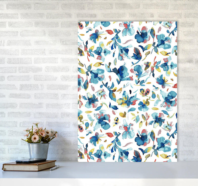 Watery Hibiscus Blue Gold Abstract Art Print by Ninola Design A1 Black Frame