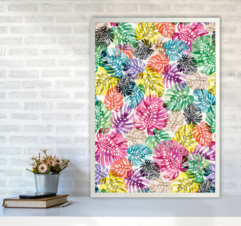 Tropical Monstera Leaves Multicolored Abstract Art Print by Ninola Design A1 Oak Frame