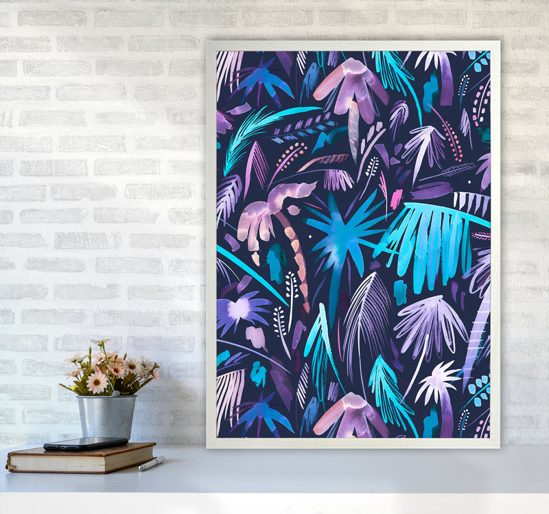 Brushstrokes Tropical Palms Navy Abstract Art Print by Ninola Design A1 Oak Frame