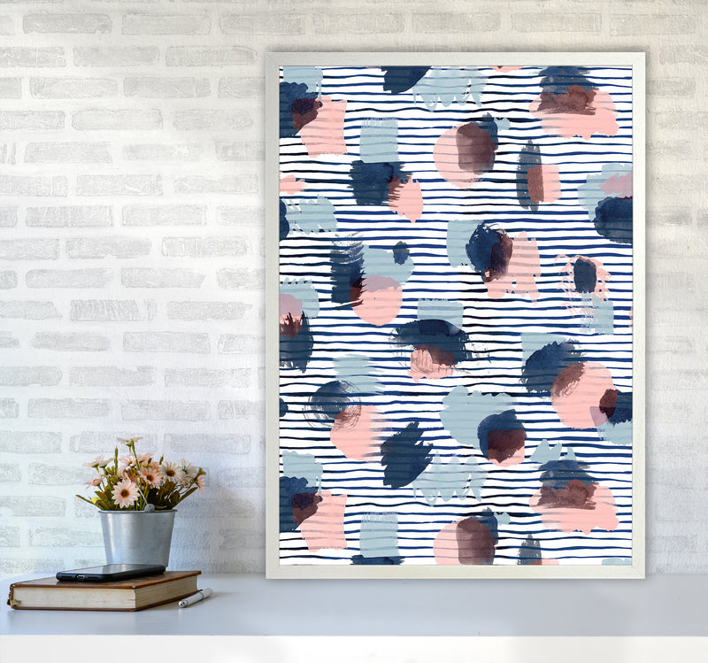 Watercolor Stains Stripes Navy Abstract Art Print by Ninola Design A1 Oak Frame