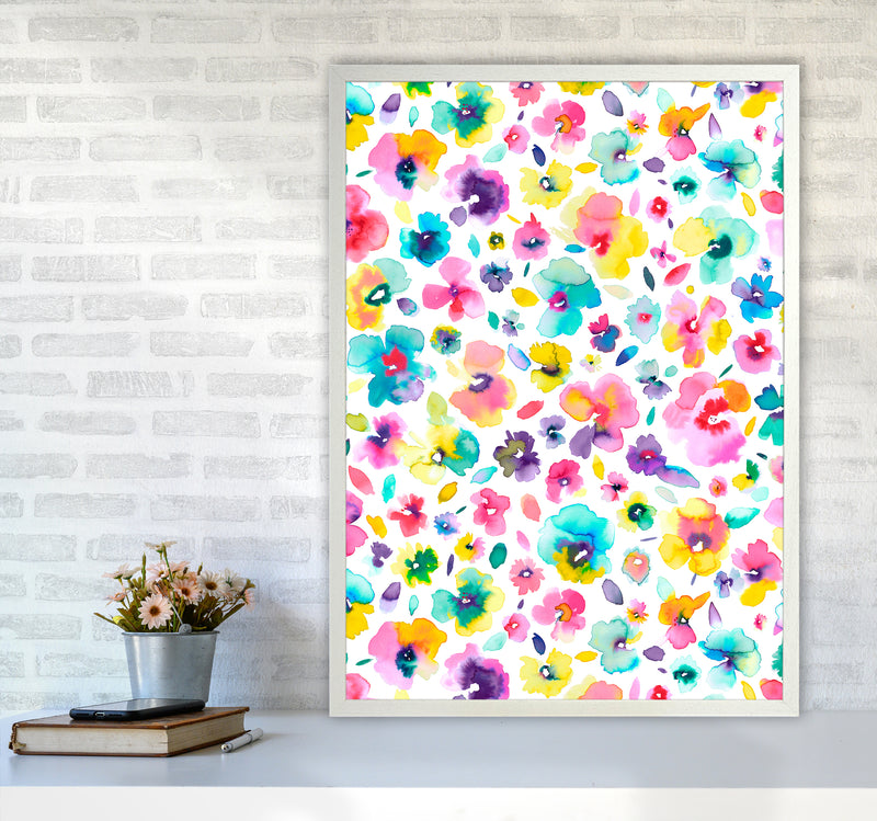 Tropical Flowers Multicolored Abstract Art Print by Ninola Design A1 Oak Frame