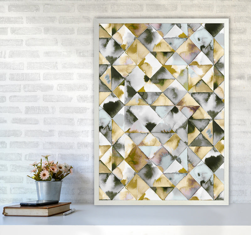 Moody Triangles Gold Silver Abstract Art Print by Ninola Design A1 Oak Frame