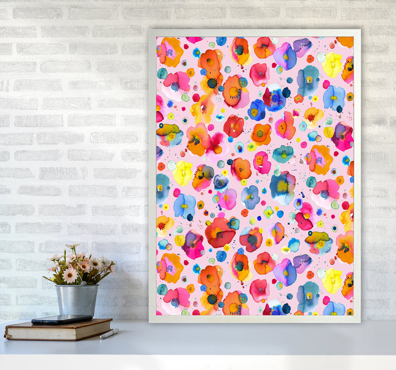 Bohemian Naive Flowers Pink Abstract Art Print by Ninola Design A1 Oak Frame