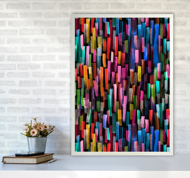 Colorful Brushstrokes Black Abstract Art Print by Ninola Design A1 Oak Frame