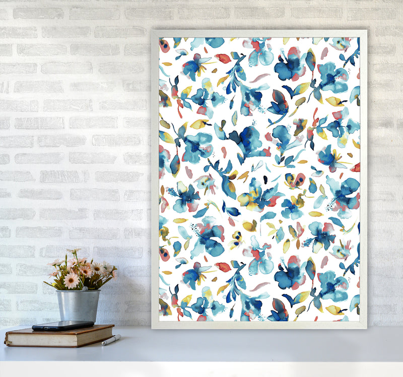 Watery Hibiscus Blue Gold Abstract Art Print by Ninola Design A1 Oak Frame
