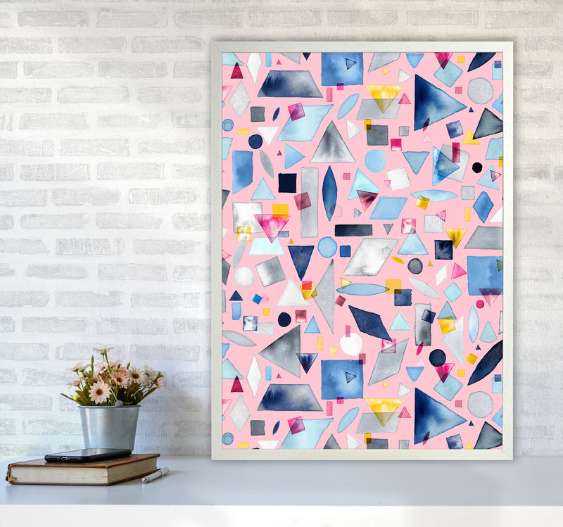 Geometric Pieces Pink Abstract Art Print by Ninola Design A1 Oak Frame
