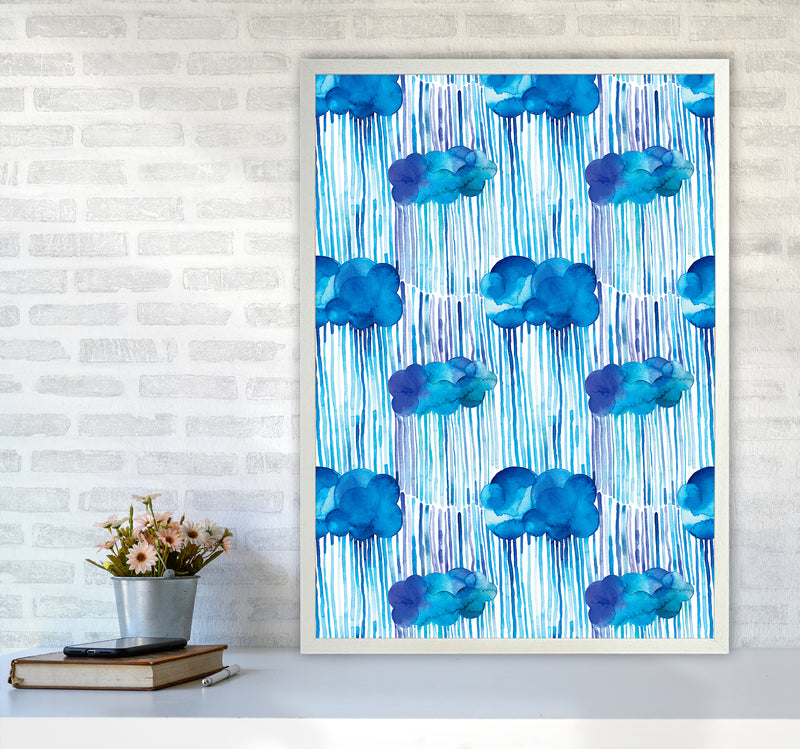 Raining Clouds Blue Abstract Art Print by Ninola Design A1 Oak Frame